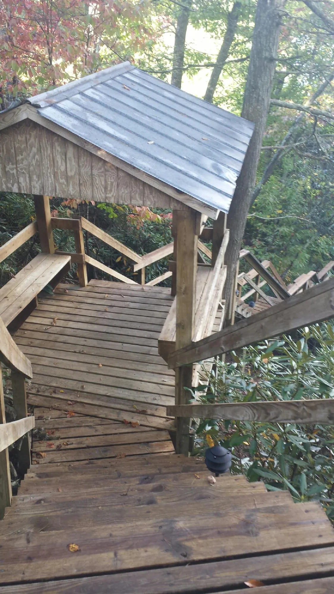 Metal roofed shelter over wooden steps on a wooded walkway — Skylight Repair & Installation work by our crew in Colbert